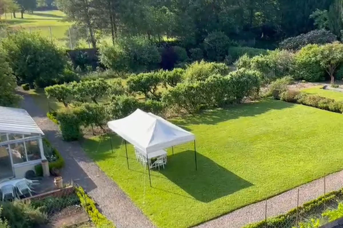 Aerial view of Hidden Huntley walled garden with tent